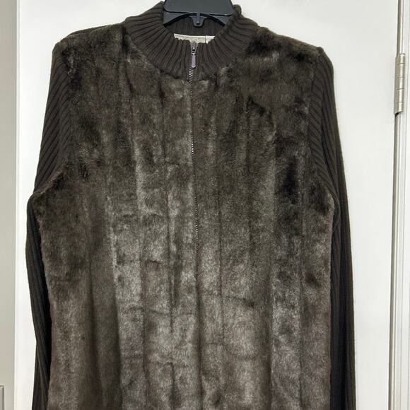 Vintage 90s Y2K Chocolate Brown Faux Fur Ribbed Knit Zip Up Sweater Cardigan Lg - Picture 4 of 15